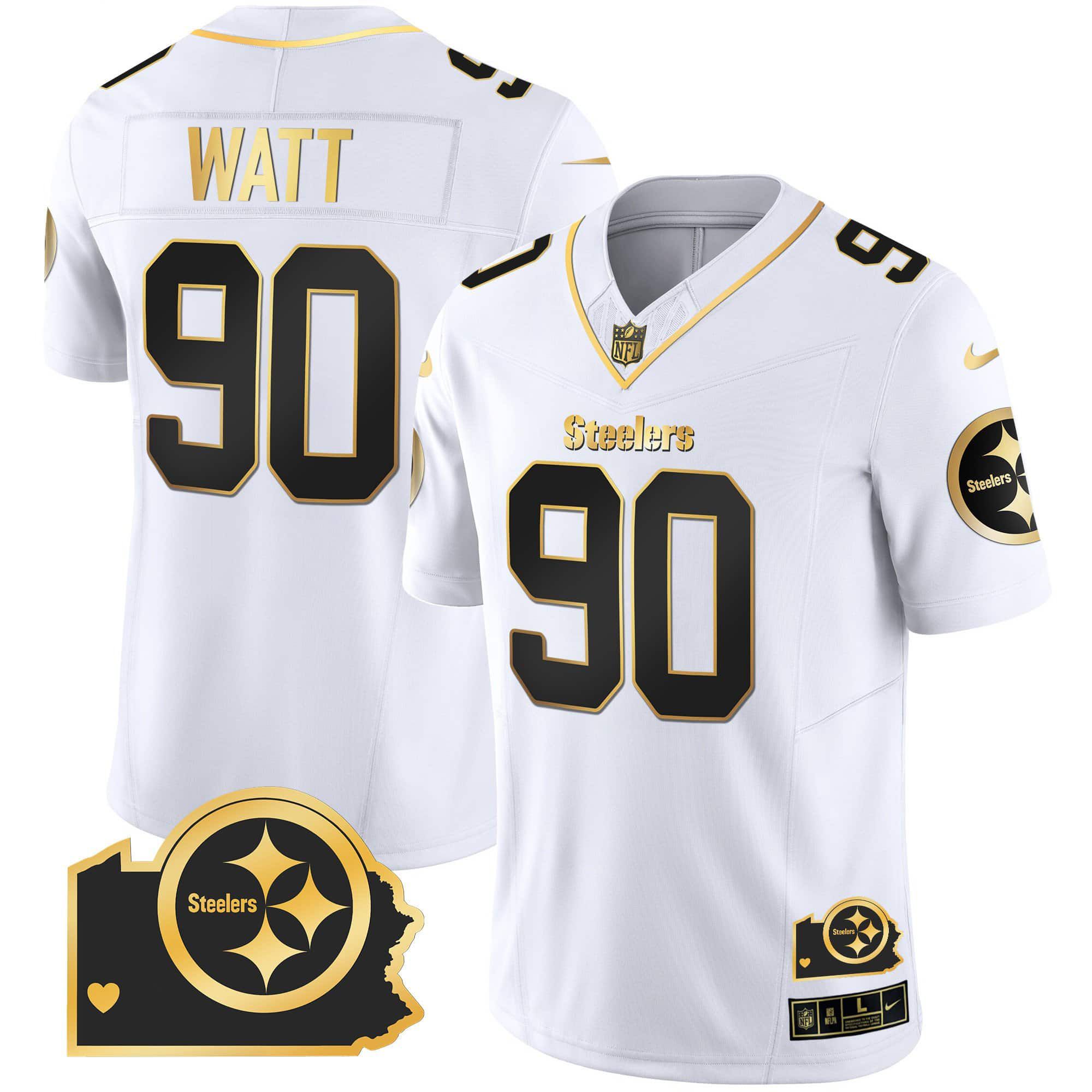 Men Pittsburgh Steelers #90 Watt White Gold 2024 Nike Home Patch Vapor Limited NFL Jersey